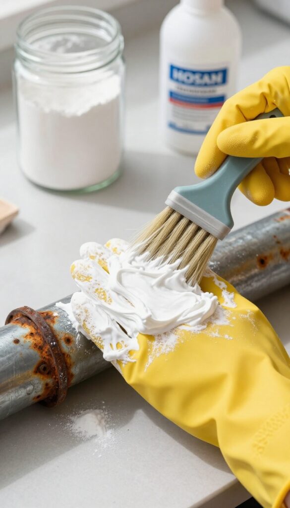 Hand applying baking soda and hydrogen peroxide paste to rusted metal