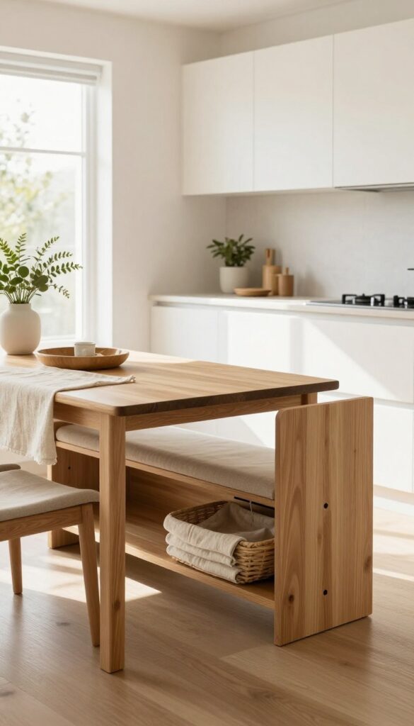 Compact dining bench with lift-up storage in a bright modern kitchen nook