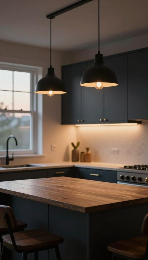 Warm moody kitchen with layered lighting from black pendant lights and under-cabinet strips, creating an intimate ambiance.