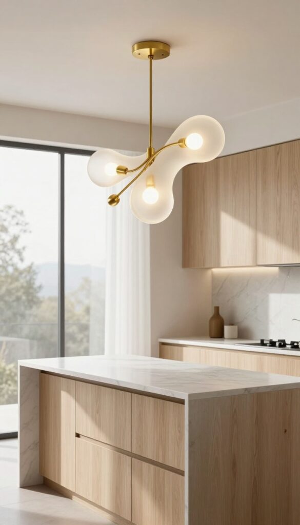 Modern kitchen island with a sculptural brass and glass light fixture as a statement piece