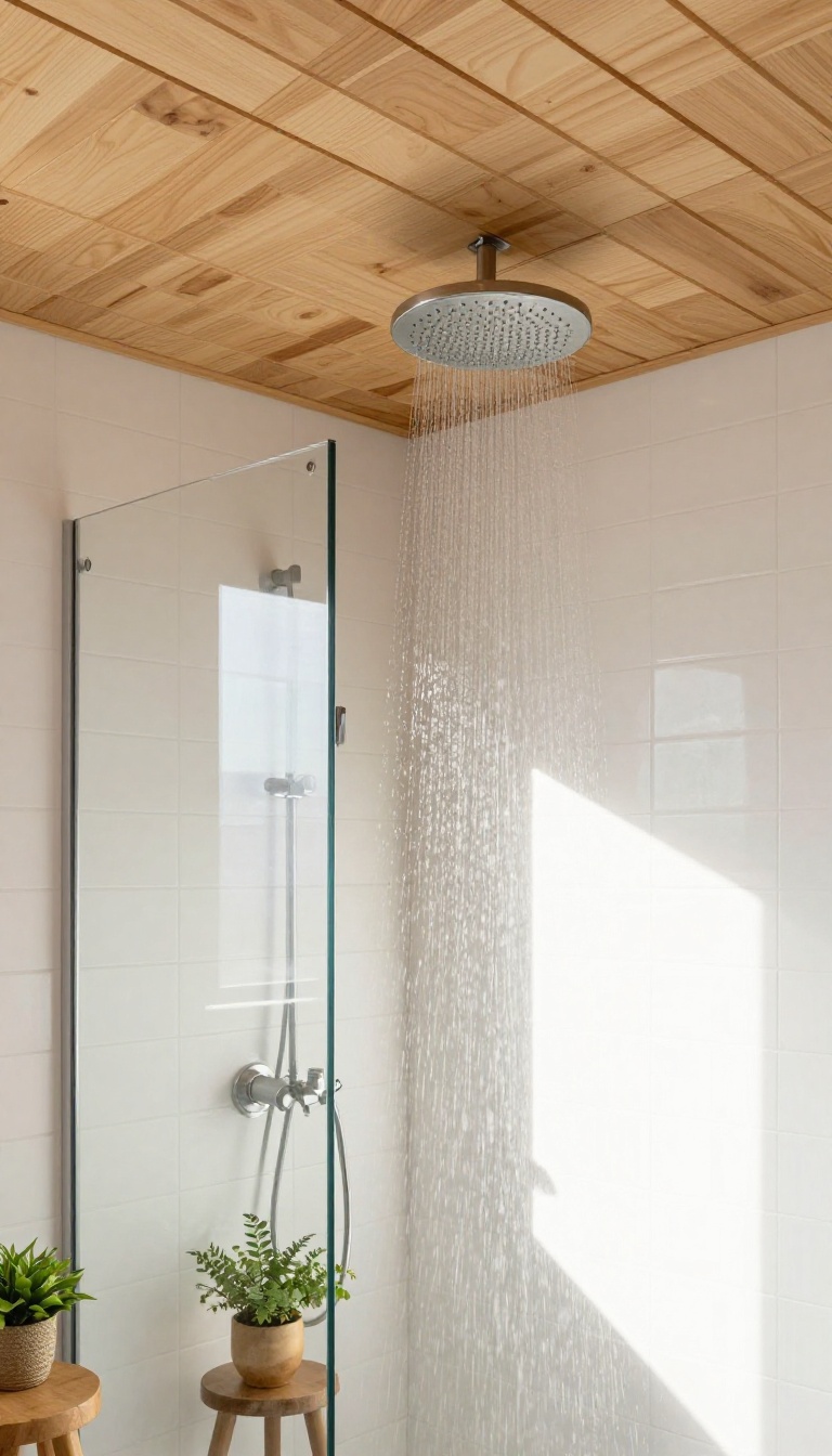 Modern bathroom with wood slat ceiling and rainfall showerhead