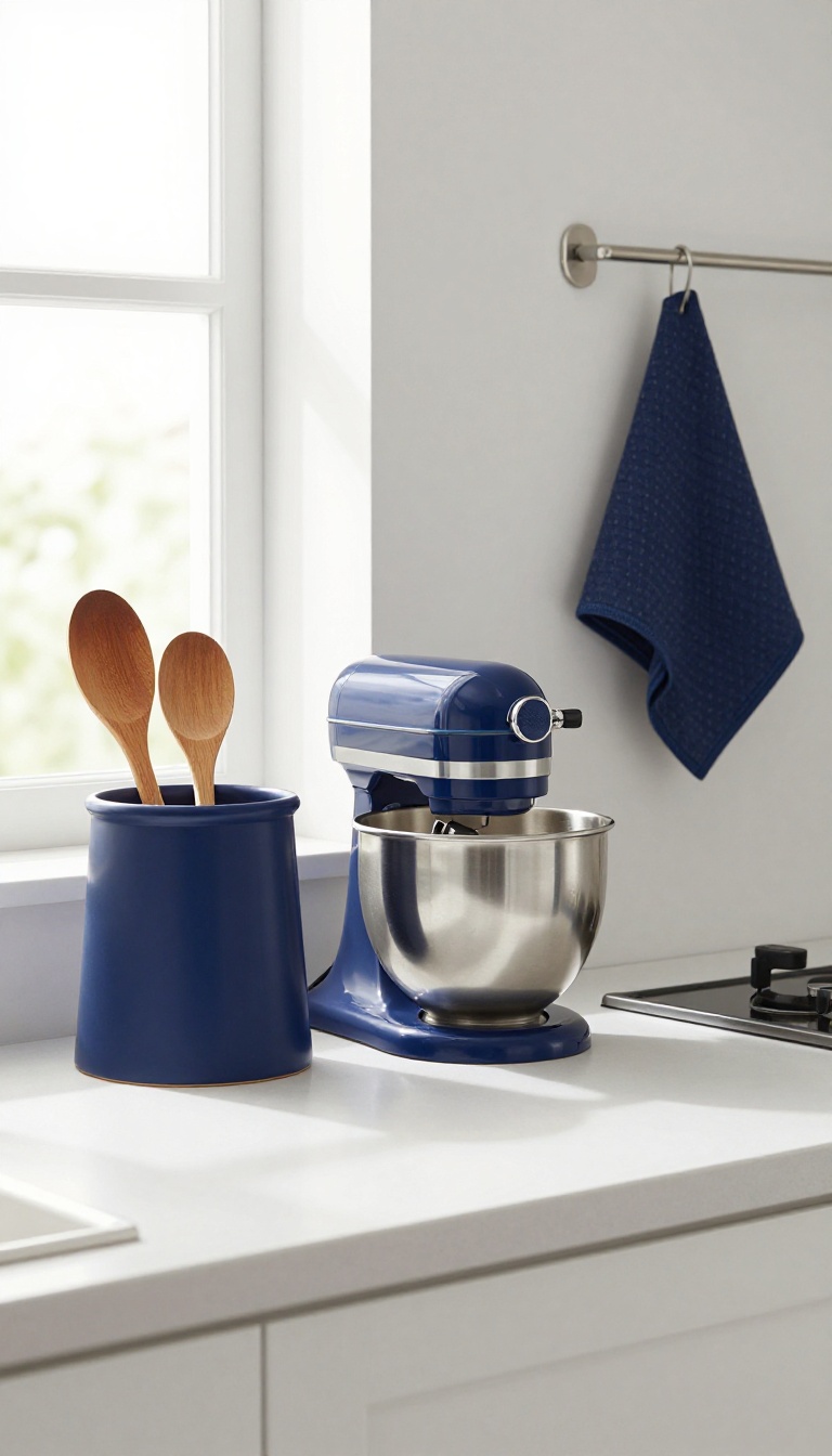 Navy kitchen accent pieces on a bright countertop including canisters, a stand mixer, and utensils.