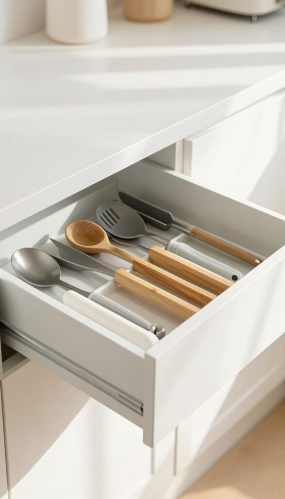 Open kitchen drawer with organized utensils and dividers in bright natural light