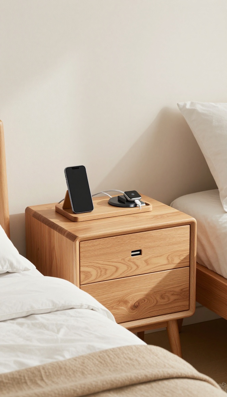 Guest bedroom nightstand with a lamp with USB port and a multi-device charging station