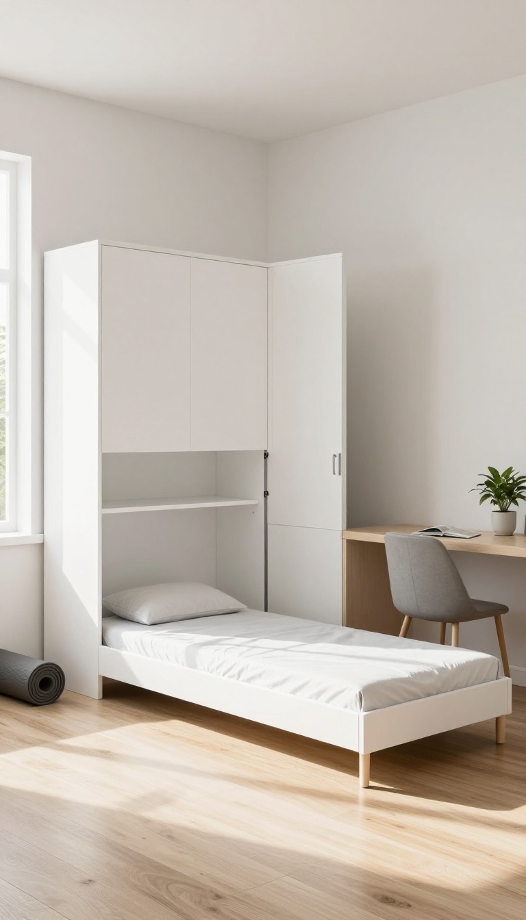 Small guest bedroom with a Murphy bed folded up, used as a home office with a desk and plant