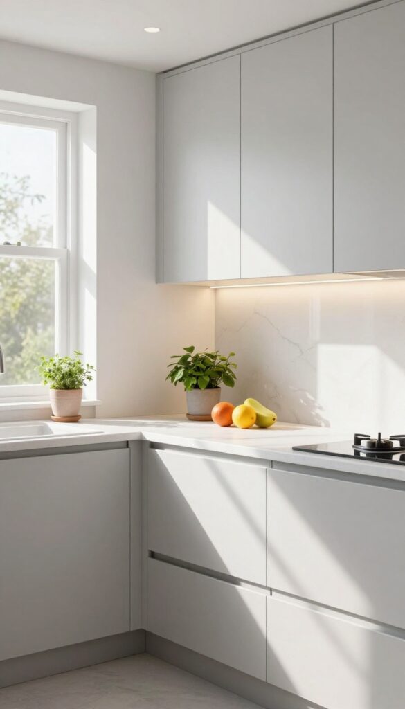 Bright small kitchen with white cabinets, under-cabinet lighting, and a mirror backsplash that reflects light to make the space feel larger.