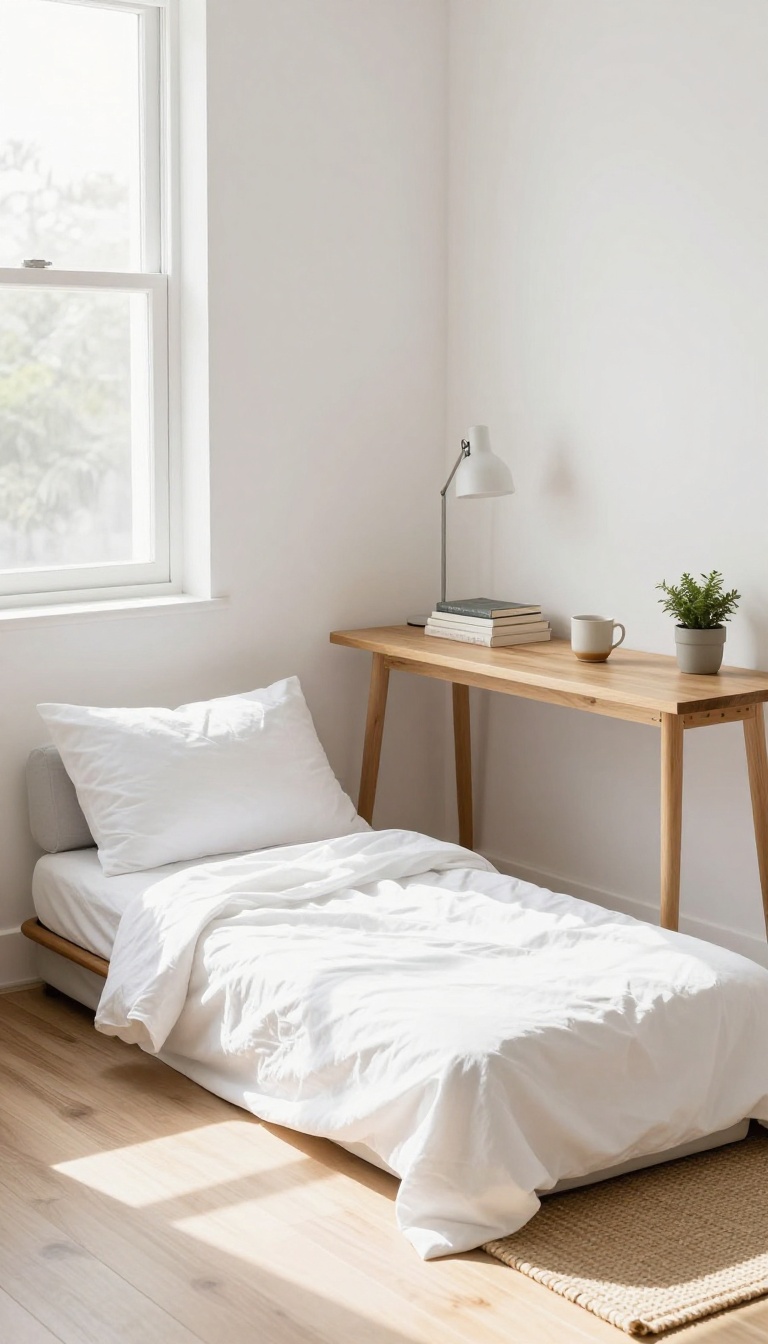 Compact loveseat sleeper styled as a cozy guest bed in a small home office with a console table and reading light.