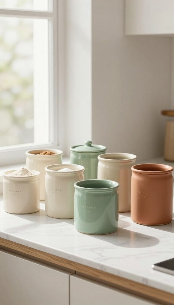 A set of matching ceramic canisters on a kitchen countertop in bright natural light, with soft pastel colors and a clean, modern kitchen background.