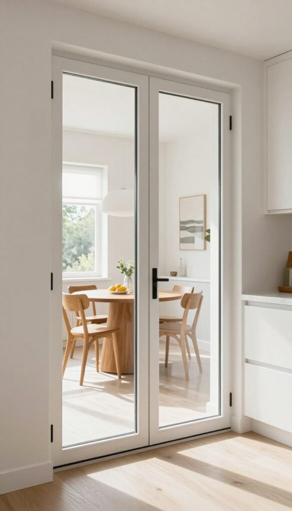 Modern kitchen with slim profile French doors opening to a bright breakfast nook