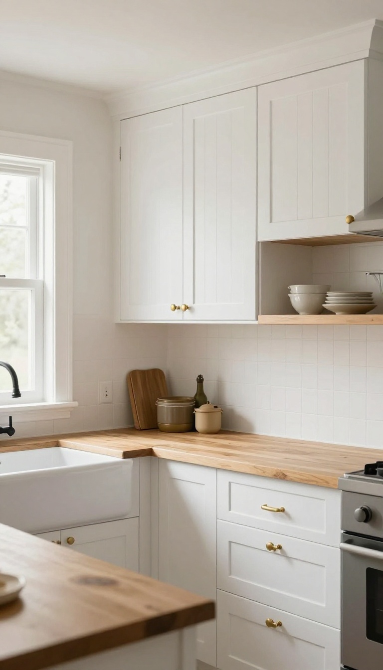 White kitchen upper cabinets with beadboard inserts, farmhouse sink, and butcher block countertop in a cozy cottage style