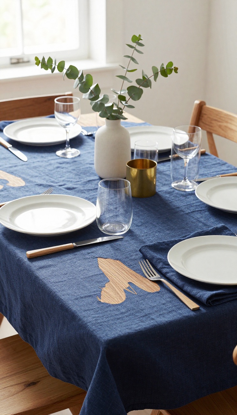 Navy linen tablecloth and napkins styled with white dishes and wood accents on a rustic table