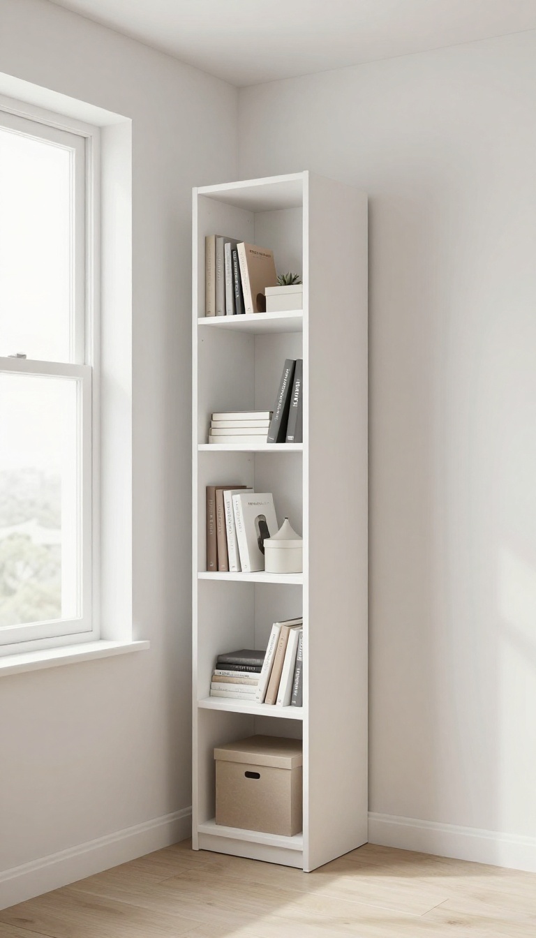 Tall slim storage unit in a small bedroom with natural light