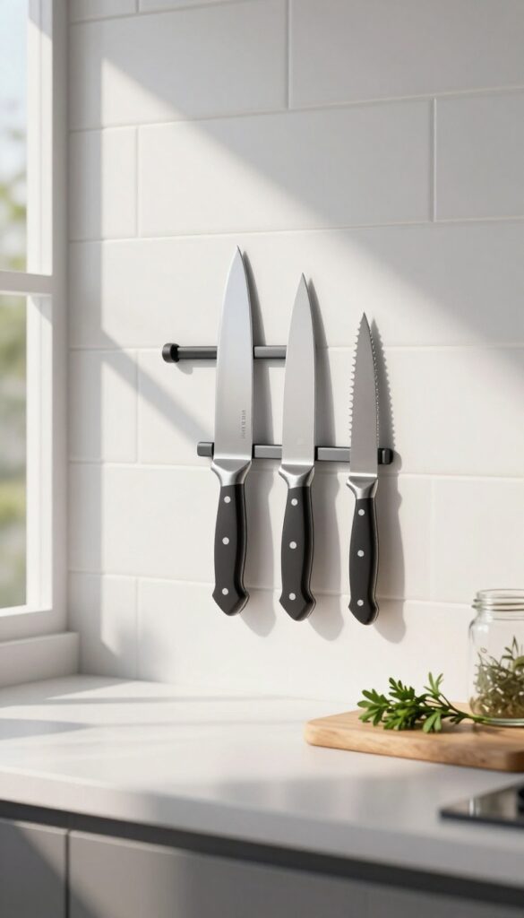 A magnetic knife strip mounted on a white subway tile backsplash holding three knives, with a clear counter and natural light in a modern kitchen.