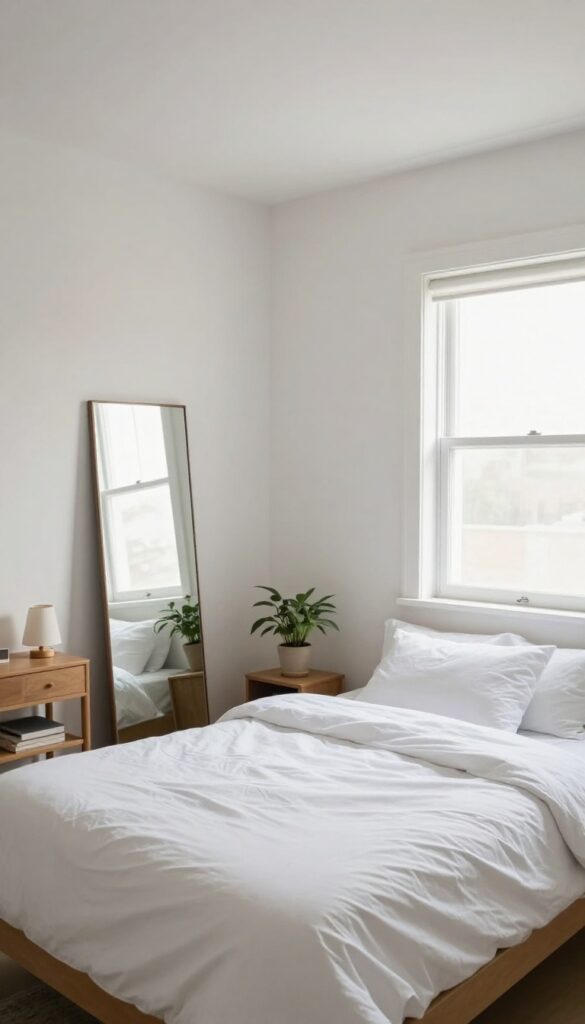 A small bedroom with an angled ceiling and a tall mirror reflecting a window, creating a sense of depth and brightness.