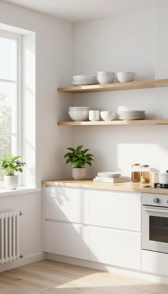 Modern kitchen with open shelving displaying dishware and plants, creating depth and an airy feel