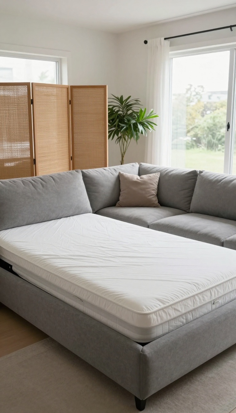 Modern living room with a sectional sofa that has a hidden pull-out bed, styled as a cozy guest sleeping area with a privacy screen and plant.