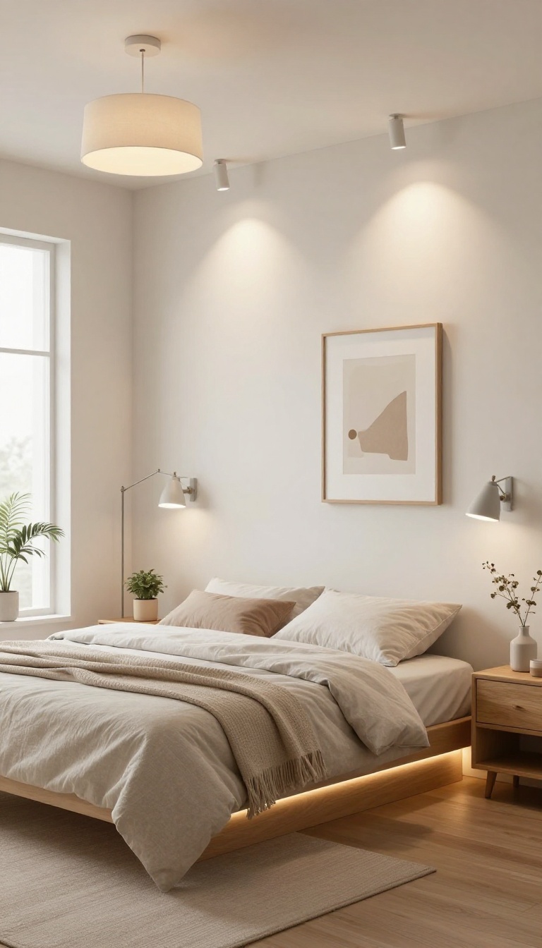 Layered lighting in a small bedroom with ceiling light, sconces, and accent lighting creating a warm, inviting glow.