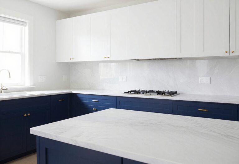 Modern kitchen with navy blue lower cabinets and white upper cabinets