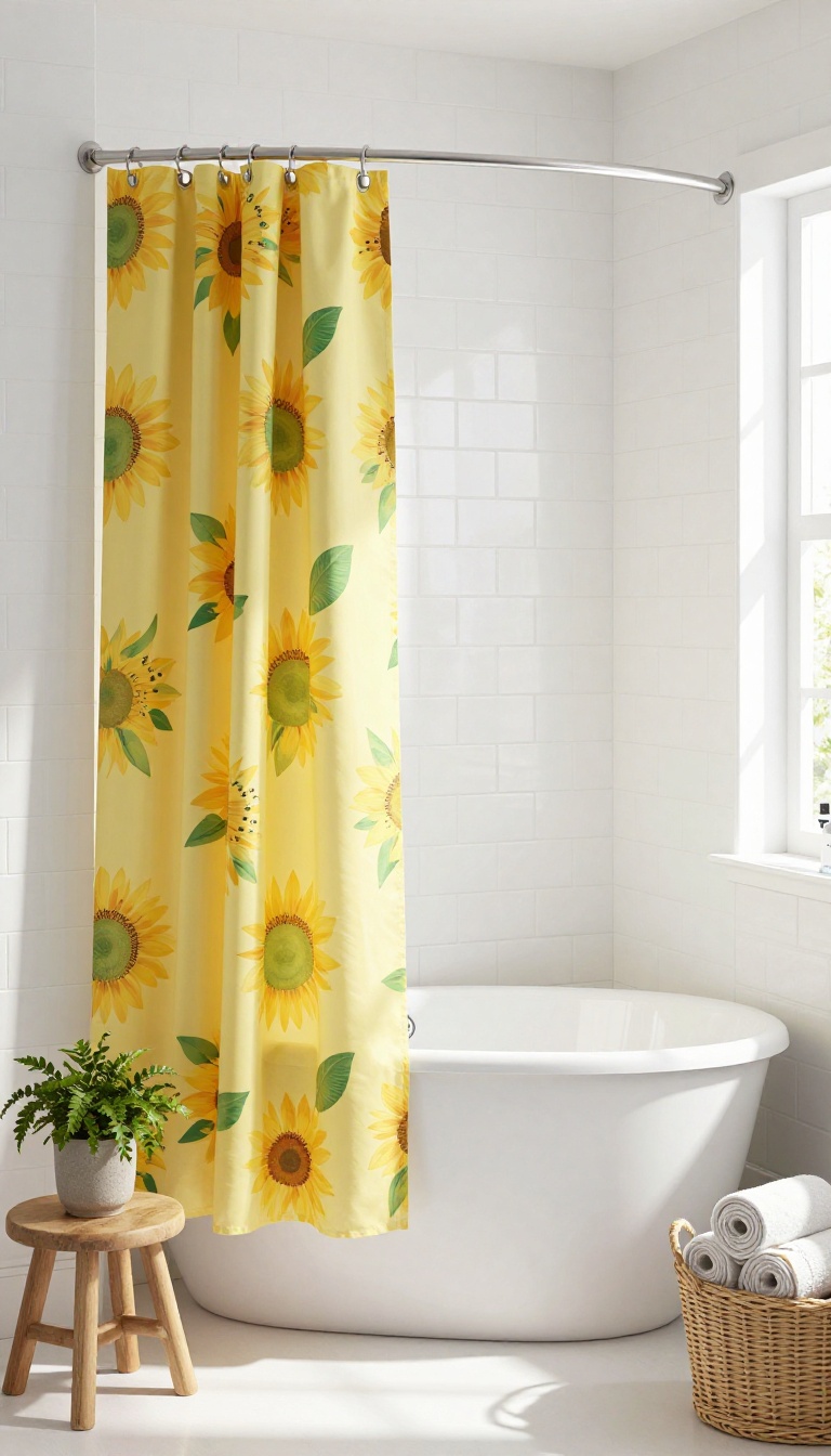 Bright bathroom with a sunflower-themed shower curtain for a seasonal summer look