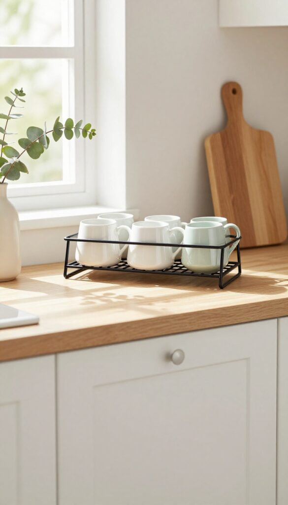 Under-cabinet storage rack holding mugs and spices in a bright kitchen.