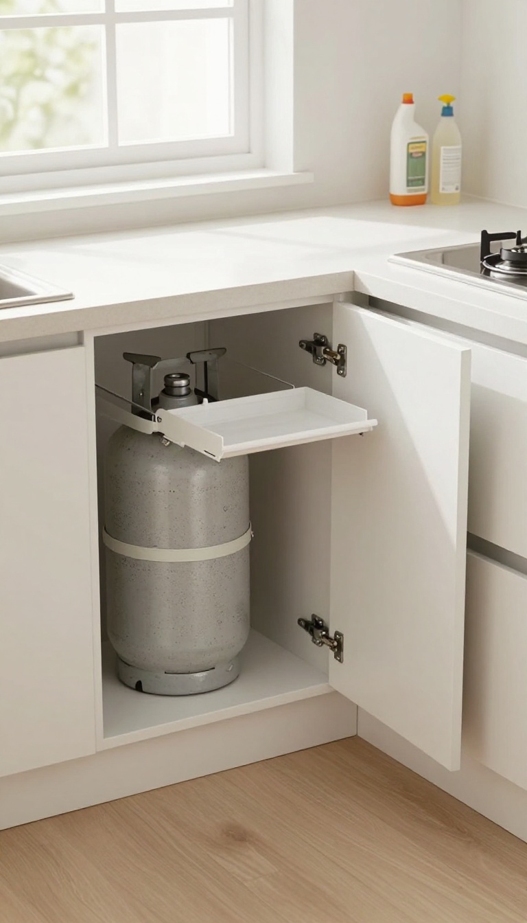 Under-sink kitchen cabinet with a dedicated gas cylinder compartment, featuring a secured cylinder on a slide-out tray and organized cleaning supplies.