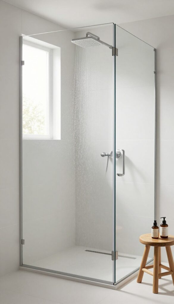 Compact bathroom shower with large-format matte white tiles and minimal grout lines, bright and airy