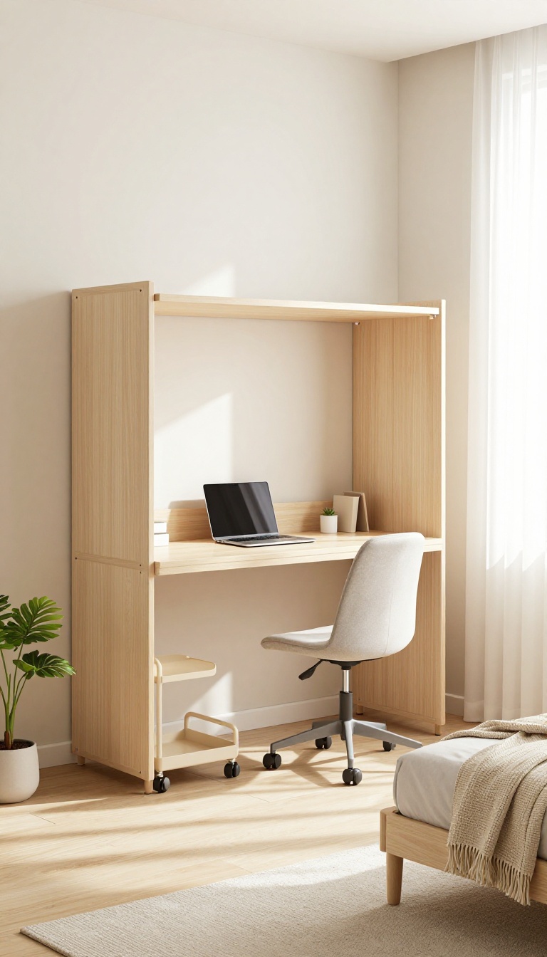 Modular furniture system with a folded wall bed and desk in a bright, small guest room office combo