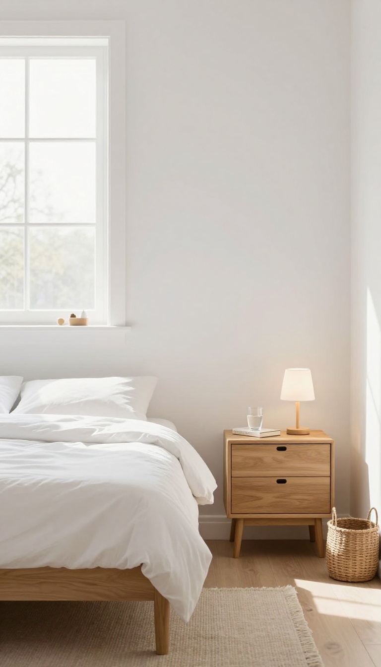 A clutter-free guest bedroom with a clear nightstand, minimal dresser decor, and a woven basket for storage, emphasizing an open and inviting space.