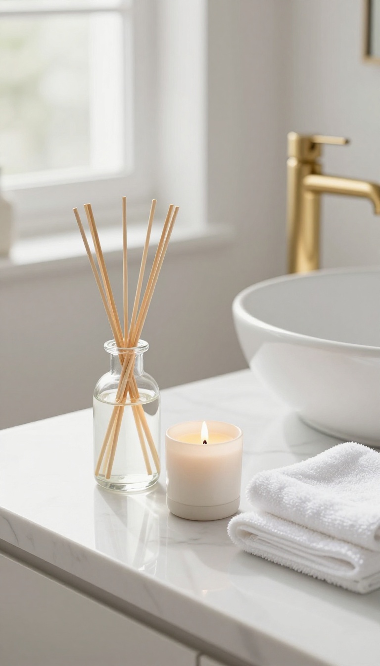 Guest bathroom with reed diffuser and scented candle on marble countertop