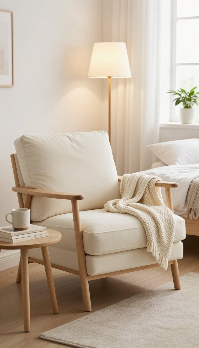 Cozy reading nook in a guest bedroom with a comfortable armchair, floor lamp, side table, and soft throw blanket.
