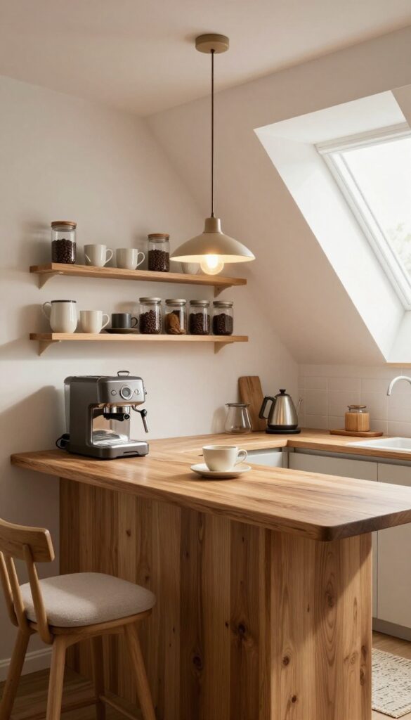 Cozy attic kitchen coffee and tea nook with wooden counter, open shelving, and warm lighting