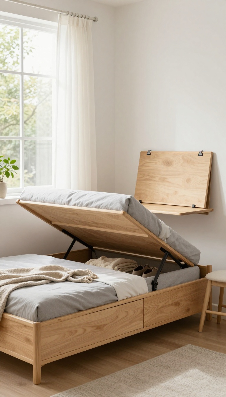 Small bedroom with a storage bench at the foot of the bed, a fold-down desk on the wall, and built-in drawers under the bed, showcasing dual-purpose furniture for couples.