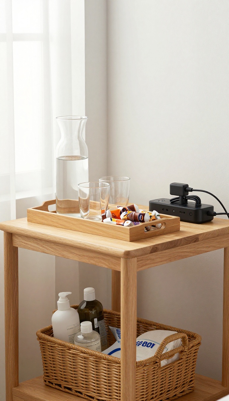 Guest room nightstand with water, snacks, charging station, and a basket of toiletries