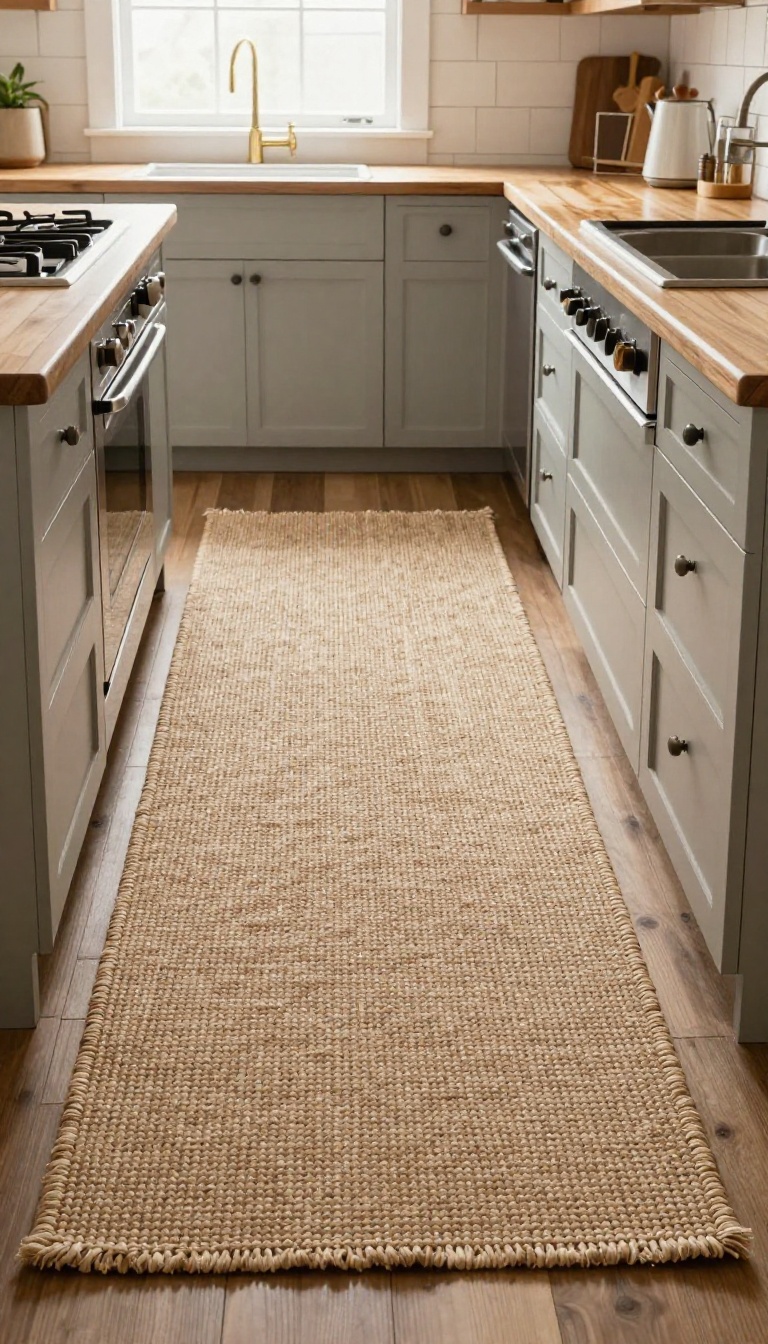A jute runner rug in a farmhouse kitchen with wooden floors and natural light.
