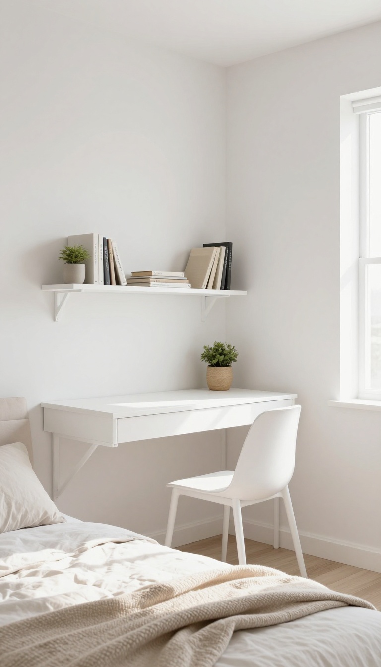 Small bedroom with a wall-mounted desk and floating shelves, creating a personal workspace zone