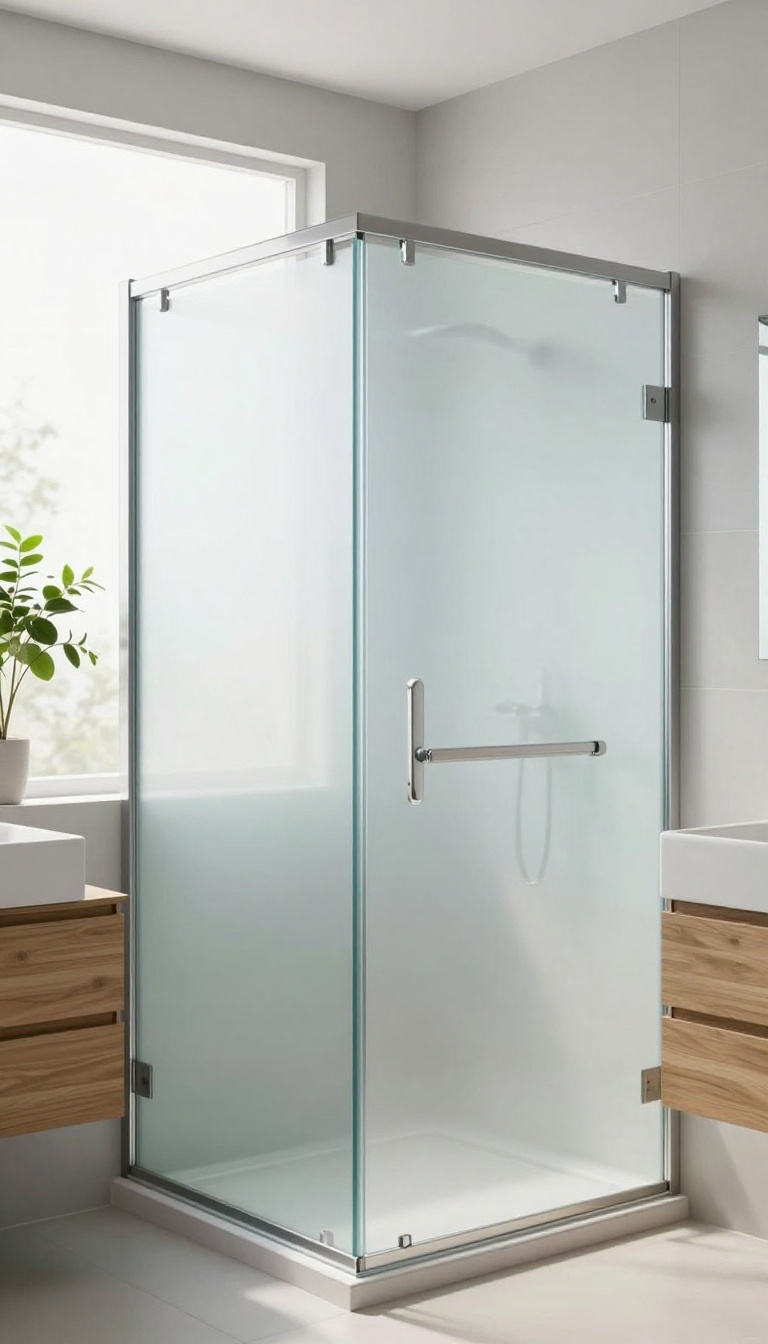 Modern bathroom with switchable privacy glass shower enclosure in frosted mode, bright natural light, clean design.