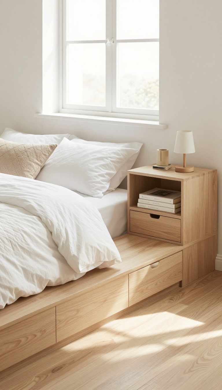 Small bedroom with a storage bed and functional nightstand in a bright, minimalist boutique style.