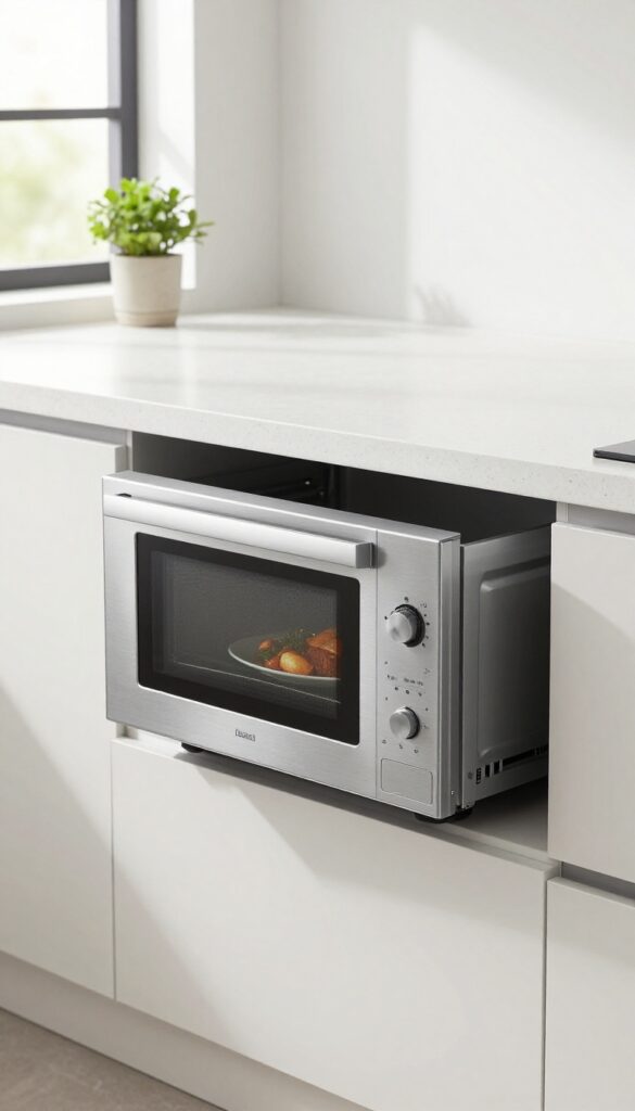 Sleek drawer microwave installed under a counter in a bright modern kitchen