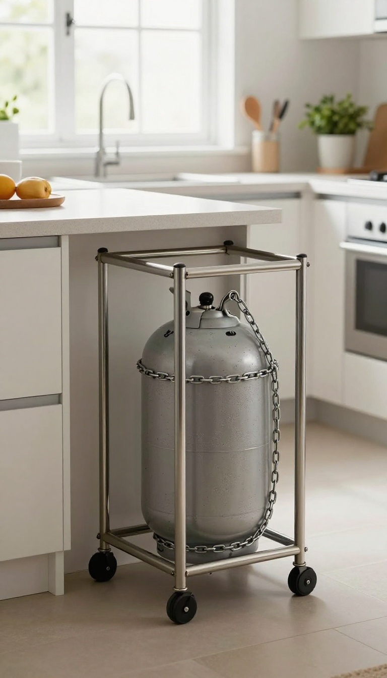 Rolling cart with a gas cylinder secured by a chain restraint in a bright modern kitchen