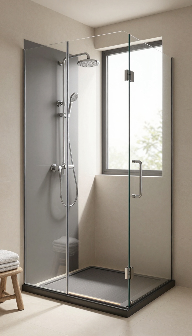 Modern bathroom with a heated shower tray emitting a warm glow, set in a bright, clean space with natural light.