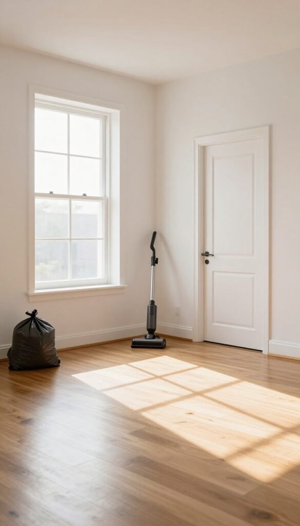 Bright living room with open windows, clean floors, and a vacuum cleaner, symbolizing the final touches of a deep clean.