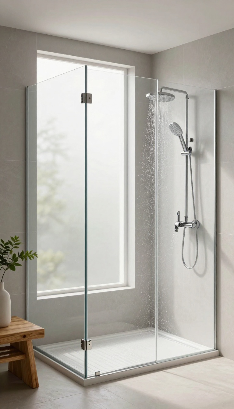 Modern bathroom with double showerheads on opposite walls in a spacious glass-enclosed shower