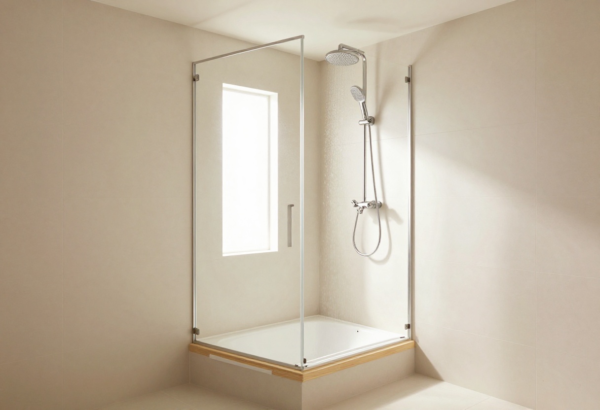 Modern bathroom with a teak fold-down shower seat and rainfall showerhead