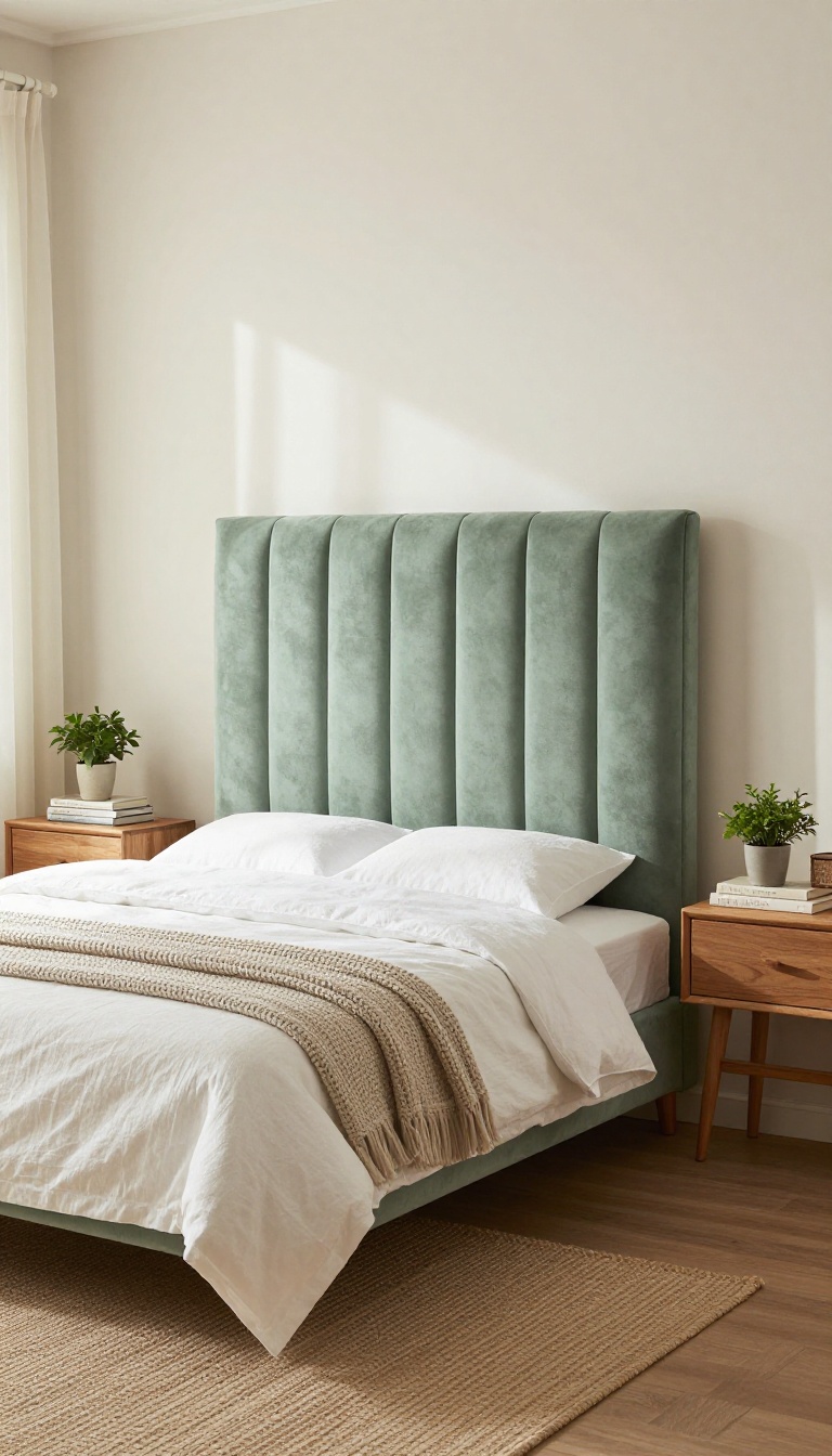Small bedroom with a tall sage green upholstered headboard, white bedding, and natural light, creating a cozy and spacious feel.