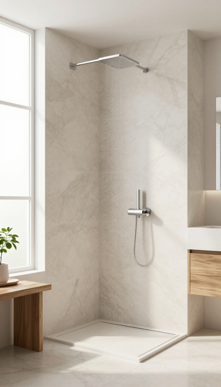 Modern bathroom with full-height marble tile shower surround, creating a seamless spa-like look.
