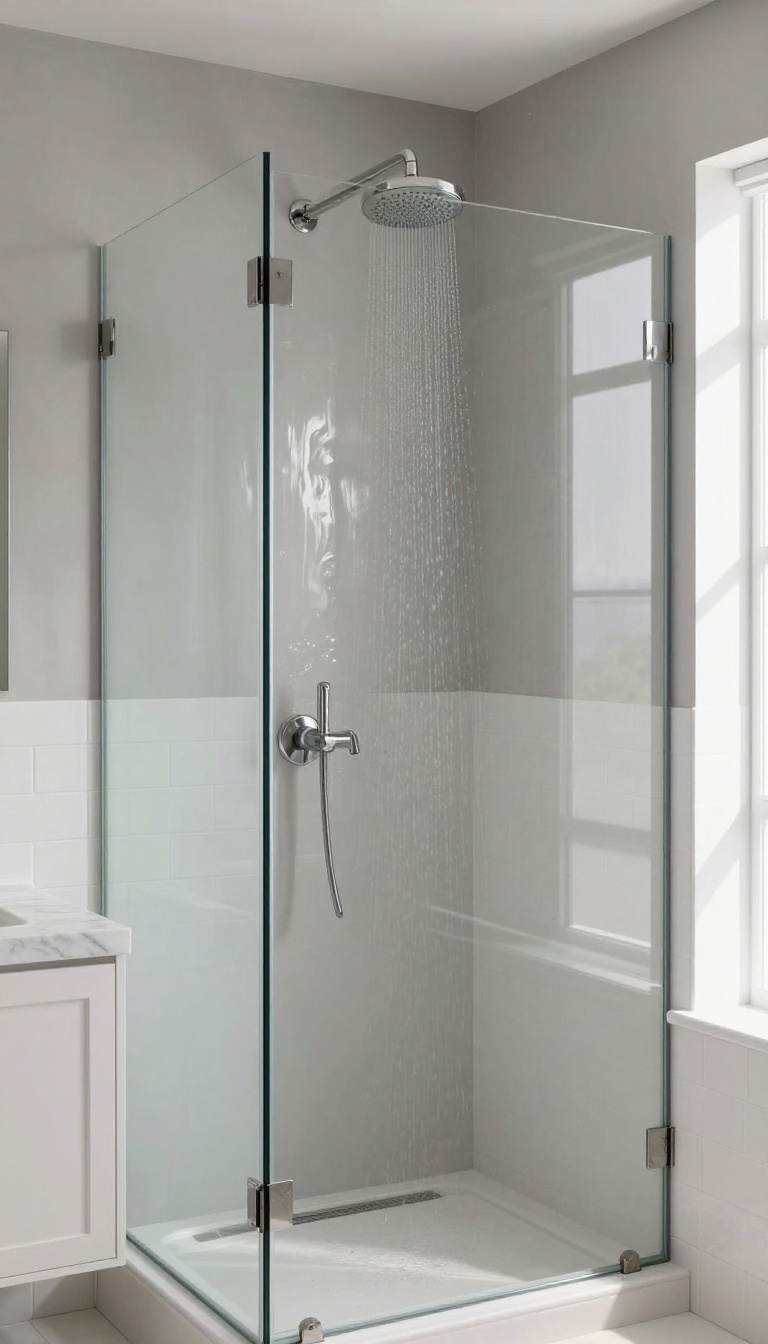 Painted wall above shower with waterproof sealant in a bright, modern bathroom