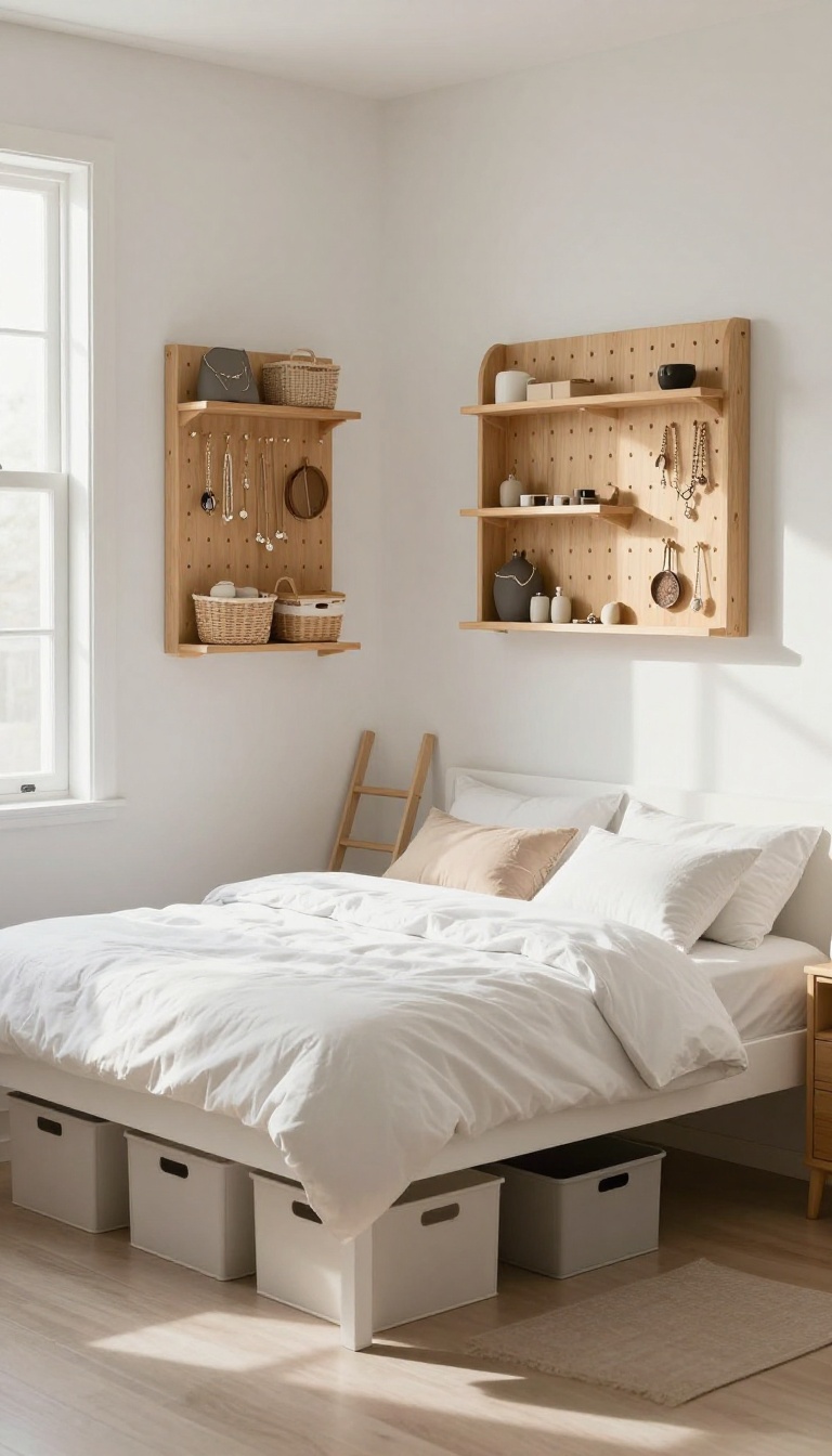 Small bedroom with smart vertical and under-bed storage solutions, clutter-free surfaces, bright natural light