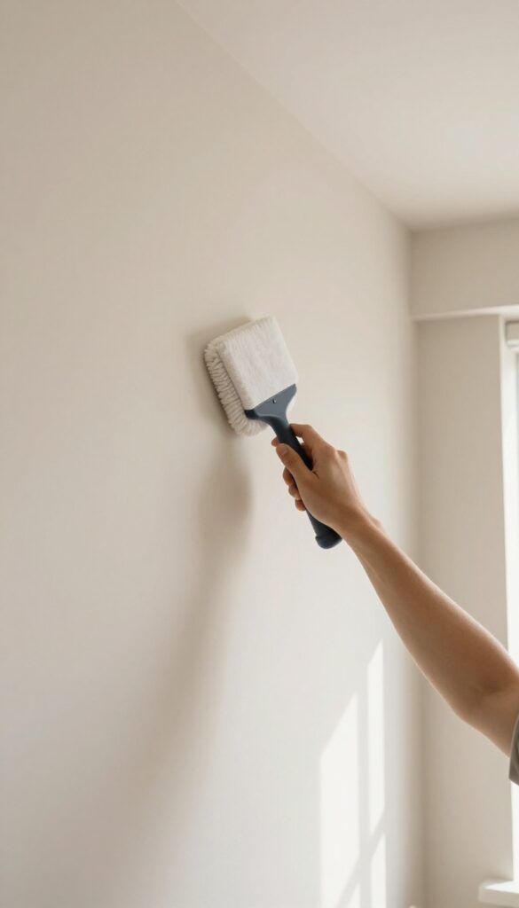 Person dry dusting a wall with a microfiber duster in a bright room