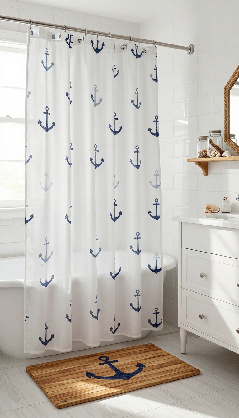 Bright bathroom with a nautical anchor shower curtain, rope-framed mirror, and seashell decor.