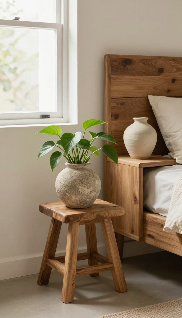 Small bedroom with natural elements: wooden stool, stone vase, trailing plant, and wooden headboard